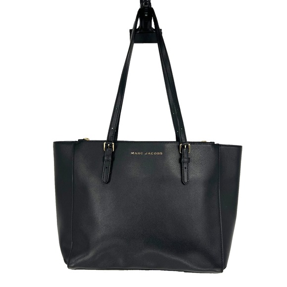 Marc Jacobs Commuter Leather Shoulder Tote Bag Black Gold-Tone Logo Pockets - Picture 3 of 16